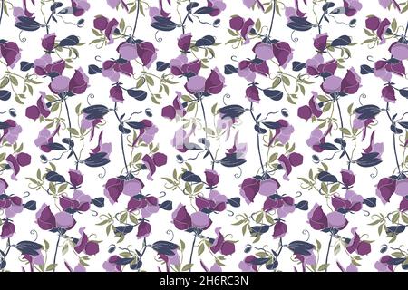 Motif fleuri vectoriel sans coutures.Fleurs et pétales violets, lilas et roses, feuilles bleu foncé isolées sur fond blanc. Illustration de Vecteur