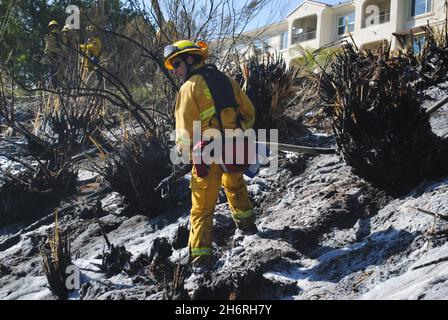 Les pompiers de la ville de San Diego travaillent un feu de broussailles près de la route d'état 52, appliquant de la mousse de lutte contre le feu à la dense sous-croissance. Banque D'Images