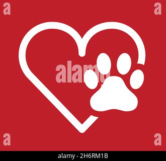 Rouge blanc coeur paw animal imprimé chien chat icône vecteur Illustration de Vecteur