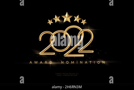 Inscription réaliste en métal doré 2022.Calligraphie d'or Nouvelle année 2022 lettrage sur fond noir.Élément de conception pour affiche publicitaire, prospectus, Illustration de Vecteur