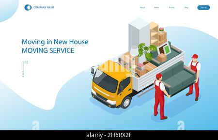 Entreprise de déménagement isométrique travailleurs transportant des boîtes et des meubles, livraison de camions.Camion de livraison plein de choses à la maison à l'intérieur.Déménagement à New House.Boîtes Illustration de Vecteur