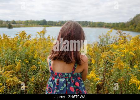 vue arrière d'un petit enfant debout dans la prairie de fleurs sauvages au bord du lac Banque D'Images