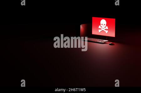 Cybercriminalité, piratage et vol de données.Violation de la sécurité du réseau.Ordinateur compromis affichant le symbole du crâne et des os.Concept de rendu 3D numérique. Banque D'Images