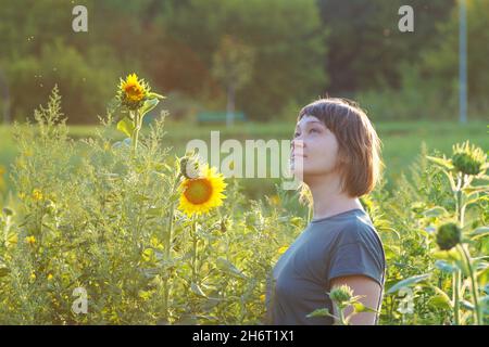 Une femme de 40 ans se tient dans un champ de tournesols au coucher du soleil Banque D'Images