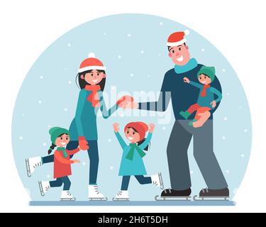Grande famille à la patinoire.Parents et enfants patinage sur glace dans la neige.Loisirs.Illustration vectorielle dans un style plat. Illustration de Vecteur