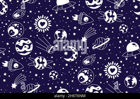 Motif sans couture avec planètes, fusée, comète et étoiles.Astronomique main Doodle nuit ciel arrière-plan.Illustration de style rétro pour impression textile, papier peint, fonds, tissu, papier d'emballage Illustration de Vecteur