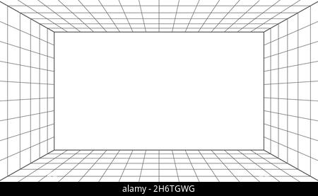 salle de grille filaire 3d.grille laser de perspective 3d 16 9.Arrière-plan blanc du cyberespace avec maillage noir.Espace de couloir numérique futuriste en virtuel Illustration de Vecteur