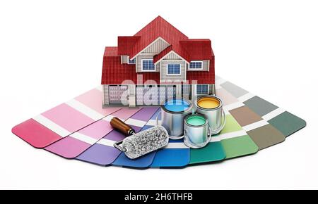 Guide de palette de couleurs, modèle de maison, boîtes de peinture et rouleau de peinture.Illustration 3D. Banque D'Images