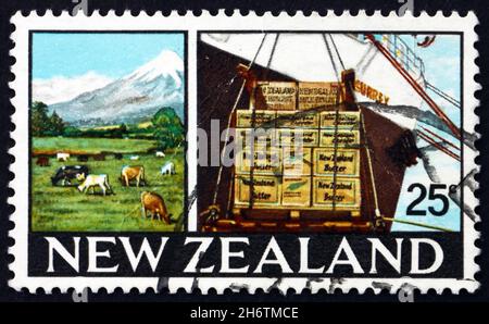 NEW ZEALAND - CIRCA 1968: a stamp printed in the New Zealand shows Dairy Farm in Taranaki, Mt. Egmont and Crated Dairy Products, circa 1968 Stock Photo