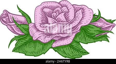 Rose Flower Design Woodcut style rétro Illustration de Vecteur