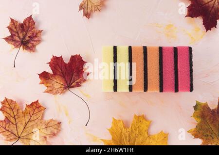 Nouvelles éponges jaunes, orange et rouges pour laver la vaisselle sur rose avec feuilles d'érable d'automne arrière-plan abstrait.Ménage domestique et nettoyage en automne concept.Gros plan, espace de copie Banque D'Images