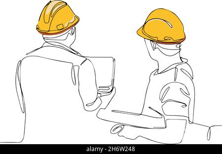 Dessin continu d'une ligne pour le technicien portant un uniforme et un casque de sécurité Illustration de Vecteur