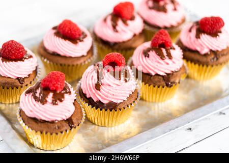 Des cupcakes au chocolat gourmets, arrosés de ganache au chocolat et recouverts d'une framboise fraîche. Banque D'Images