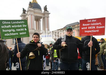 Potsdam, Allemagne.18 novembre 2021.Les agriculteurs protestent devant le Parlement lors de la dernière session du Parlement de l'État.Les députés discutent, entre autres choses, d'une motion de l'AfD sur l'éducation et Corona, sur la lutte contre la violence à l'égard des femmes et sur une loi visant à ajuster le fonds de sauvetage municipal au cours de l'heure actuelle.Credit: Bernd Settnik/dpa/Alay Live News Banque D'Images