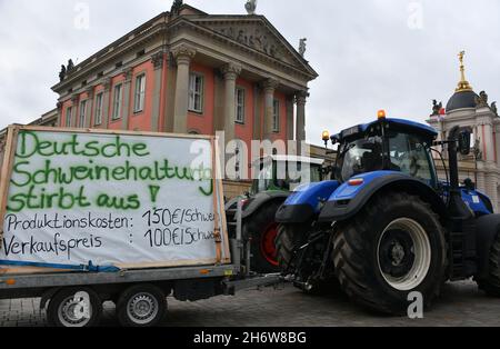 Potsdam, Allemagne.18 novembre 2021.Les agriculteurs protestent avec des tracteurs devant le Parlement lors de la dernière session du Parlement de l'État.Les députés discutent, entre autres, d'une motion de l'AfD sur l'éducation et Corona, de la lutte contre la violence à l'égard des femmes et d'une loi visant à ajuster le fonds de secours municipal pendant l'heure actuelle.Credit: Bernd Settnik/dpa/Alay Live News Banque D'Images