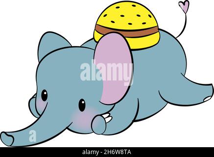 Autocollant émotionnel avec un joli elefant.Style kawaii.Autocollant emoji avec elefant volant et hamburger.Illustration vectorielle. Illustration de Vecteur