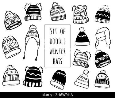 Ensemble de casquettes et chapeaux d'hiver vectoriels dessinés à la main Illustration de Vecteur