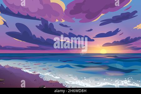 Coucher ou lever du soleil, aube en mer avec nuages dans le ciel.La rive de l'océan avec des vagues qui s'y roulent et de la mousse de mer. Illustration de Vecteur