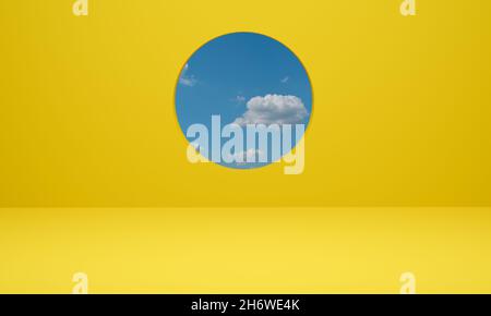 rendu 3d.Scène de fond jaune abstrait géométrique minimal avec ciel bleu nuage. Banque D'Images