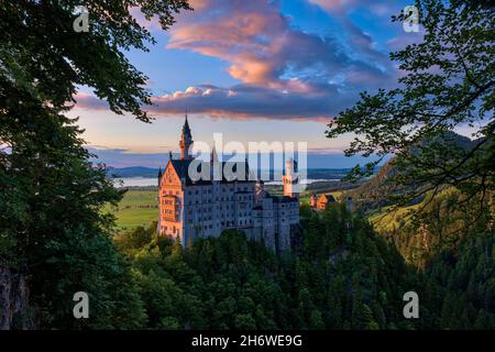 Vue panoramique sur le château de Neuschwanstein au coucher du soleil. Banque D'Images