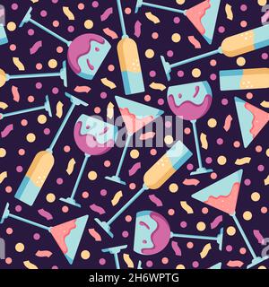 Motif sans couture avec cocktails en verre, vin, champagne et bouche à oreille, fêtes, cheers et cocktails alcoolisés.Illustration vectorielle de dessin animé dans Illustration de Vecteur
