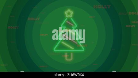 Image de texte de houx sur sapin de noël néon sur cercles verts. image générée numériquement pour le concept de noël, de tradition et de célébration. Banque D'Images