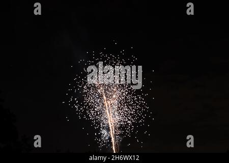 Un feu d'artifice éclate dans le ciel nocturne, ressemblant à une bouffée de pissenlit au-dessus de spectateurs éblouis dans le comté de Macomb, Michigan, États-Unis. Banque D'Images