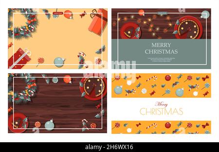 Ensemble de bannières vectorielles plates Merry Christmas et Bonne Année.Modèle de Noël avec décorations de fête et nourriture.Arrière-plan des cartes postales Illustration de Vecteur