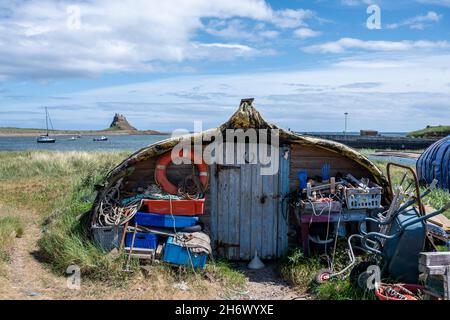 Des abris de bateau attrayants fabriqués à partir de bateaux de hareng reconvertis en bois, Lindisfarne Harbour, Holy Island.Le château de Lindisfarne est en arrière-plan. Banque D'Images