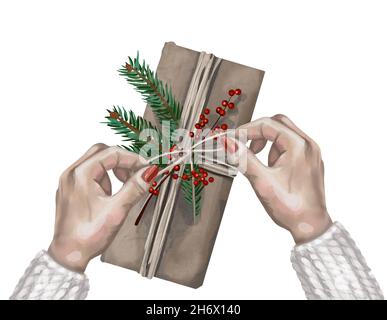 Scène aquarelle. Les mains décorent les cadeaux de Noël. Isolé sur un fond blanc Banque D'Images