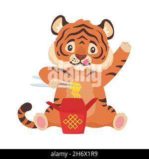 Illustration d'un mignon tigre mangeant des nouilles chinoises. Illustration de Vecteur