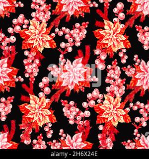 Aquarelle Poinsettia.Étoile de Noël.Motif fleuri de Noël sans couture Banque D'Images