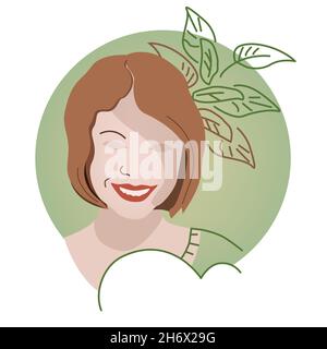 Illustration vectorielle pour le visage et les plantes des filles, portrait de femme, avatar pour les médias sociaux, couverture de page Web Banque D'Images