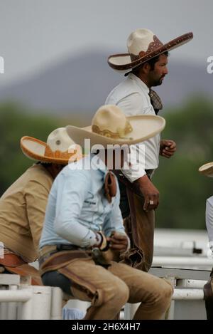 Spectateurs de la charreria.'Charreria' est l'une des plus anciennes traditions du Mexique, une démonstration de courage et de style, combinée à d'authentiques danses folkloriques et au rodéo mexicain.Charrería au Mexique a commencé à Los Llanos de Apas, Hidalgo, où attraper des taureaux par la queue a été commencé comme un sport.L'Association nationale de Charros a été fondée en 1921, faisant de la Charrería ou des rodéos le seul sport véritablement national.Mexique.11 mars 2007. Banque D'Images