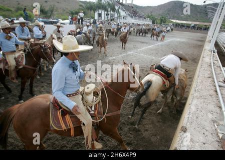 'Charreria' est l'une des plus anciennes traditions du Mexique, une démonstration de courage et de style, combinée à d'authentiques danses folkloriques et au rodéo mexicain.Charrería au Mexique a commencé à Los Llanos de Apas, Hidalgo, où attraper des taureaux par la queue a été commencé comme un sport.L'Association nationale de Charros a été fondée en 1921, faisant de la Charrería ou des rodéos le seul sport véritablement national.Mexique.11 mars 2006. Banque D'Images