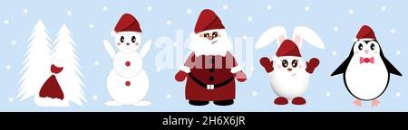 Collection vectorielle Noël et nouvel an.Drôle de Père Noël et d'hiver animaux de Noël, pingouin, lapin, bonhomme de neige et arbre de Noël avec un sac de gi Illustration de Vecteur