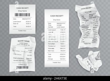 Illustration du reçu d'espèces, de l'ensemble de factures papier.vérification 3d réaliste du paiement auprès du guichet automatique pour les commandes au supermarché, au restaurant ou au magasin atm, isolée sur fond gris transparent Illustration de Vecteur