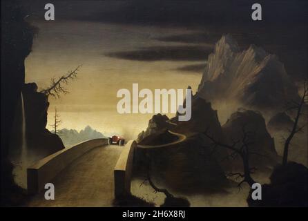 Peinture 'Paysage de montagne avec automobile' par le peintre autrichien Franz Sedlacek (1931) exposé au Musée Albertina de Vienne, Autriche. Banque D'Images