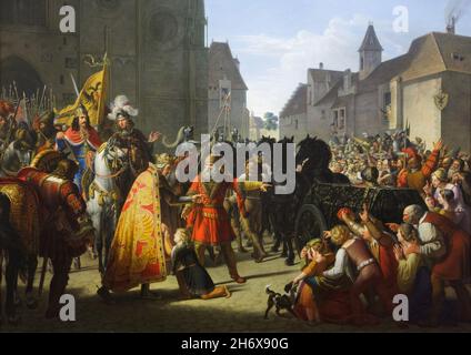 Peinture 'Venceslas demande à Rudolf de Habsbourg le corps de son père le roi Ottokar II de Bohême' par le peintre autrichien Anton Petter (1826) exposé au Musée du Belvédère à Vienne, Autriche.La scène a lieu à Vienne, en face de la cathédrale Saint-Étienne (Stephansdom). Banque D'Images