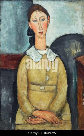 Peinture de 'fille dans une robe jaune' par le peintre moderniste italien Amedeo Modigliani (1917) exposé lors de son exposition rétrospective au Musée Albertina à Vienne, Autriche.L'exposition marquant le centenaire de la mort de l'artiste se déroule jusqu'au 9 janvier 2022. Banque D'Images