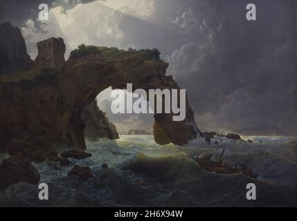 Peinture 'mer tormy autour de l'Arco di Miseno près de Miliscola, en regardant vers Nisida' par le peintre romantique allemand Josef Rebell (1819) exposé au Musée Belvédère de Vienne, Autriche. Banque D'Images