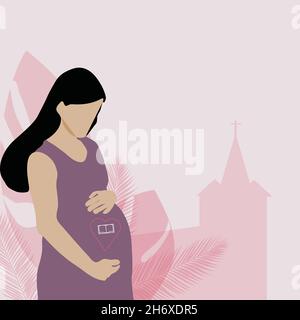 Femme enceinte sur fond rose tenant son ventre avec une silhouette d'église et de palmier.Concept de religion chrétienne. Illustration de Vecteur