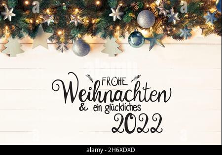 Bannière de Noël Turquoise rétro, Calligraphie Glueckliches 2022 signifie heureux 2022 Banque D'Images