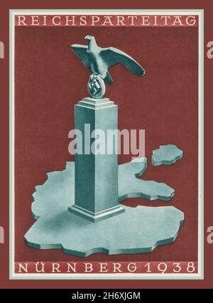 Vintage 1938 la propagande nazie REICHSPARTEITAG carte à poster avec l'aigle allemand et Nazi Swastika sur un plinthe surplombant la grande Allemagne Nurnberg Nuremberg Allemagne nazie Banque D'Images