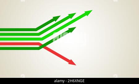 Flèche rouge pointant dans la direction opposée (vers le bas) à un groupe de flèches vertes (vers le haut).Résumé du modèle de concept d'infographie sur les affaires, l'économie et la réussite. Banque D'Images