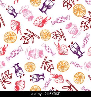 Alimentation dessin à la main icônes de ligne d'esquisse motif sans couture sur fond blanc Illustration de Vecteur