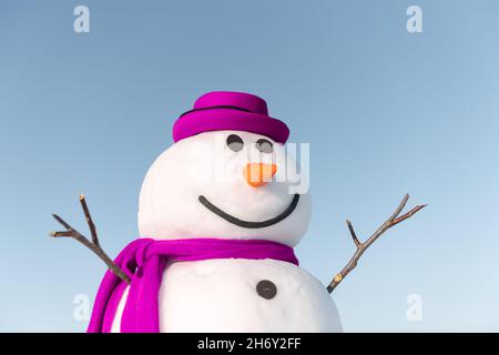 Bonhomme de neige amusant dans un élégant chapeau marron et un scalf rose sur un terrain enneigé.Ciel bleu sur fond Banque D'Images