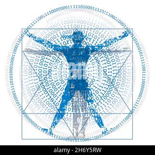 Homme de Vitruvian avec code binaire, concept d'âge numérique.dessin stylisé de l'homme de vitruvian avec spirale de codes binaires, fond blanc.vecteur disponible Illustration de Vecteur