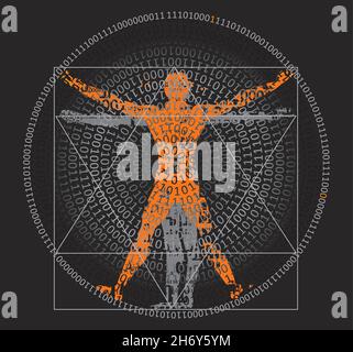 Homme de Vitruvian avec code binaire, concept d'âge numérique.dessin stylisé de l'homme de vitruvian avec spirale de codes binaires sur fond noir.vecteur disponible Illustration de Vecteur