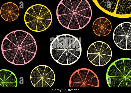tranches de citron colorées sur fond noir Banque D'Images